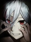  1girl 7h3rd cosplay cracked_kawaii_mask fu_hua fu_hua_(fenghuang_of_vicissitude) herrscher_of_sentience herrscher_of_sentience_(cosplay) highres honkai_(series) honkai_impact_3rd red_eyes solo sweat upper_body white_hair 