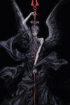  1boy arm_up black_background black_hair blue_eyes collarbone halo hashtag-only_commentary highres holding holding_polearm holding_weapon ikari_shinji lance_of_longinus_(evangelion) looking_at_viewer male_focus multiple_wings neon_genesis_evangelion nude polearm short_hair simple_background skinny solo spread_wings weapon wings zhiwukafuka 