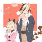  1boy 1girl ^_^ animal_ears bangs blonde_hair blush border brown_hair brown_scarf cat_boy cat_ears cat_tail child closed_eyes closed_mouth coat cowboy_shot dot_nose extra_ears facing_viewer fake_animal_ears fang food fusuma_(nohbrk) green_eyes hair_over_one_eye hands_up holding holding_food japanese_clothes kimono light_brown_hair long_sleeves medium_hair multicolored_hair open_clothes open_mouth original parted_bangs pink_coat print_kimono red_background sash scarf simple_background smile steam streaked_hair tail taiyaki tsurime upper_body wagashi white_border white_scarf wide_sleeves winter_clothes yukata |3 