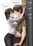  1boy 1girl alternate_universe arms_around_neck black_hair black_pants blush breasts brown_hair chalk clothes_lift commentary cowboy_shot english_commentary english_text eren_yeager glasses green_eyes green_shirt grey_eyes hair_between_eyes height_growth hetero highres holding holding_chalk levi_(shingeki_no_kyojin) male_underwear matcha_202 medium_breasts medium_hair midriff mikasa_ackerman pants parted_bangs parted_lips polaroid_photo shingeki_no_kyojin shirt shirt_lift short_hair short_sleeves t-shirt teacher_and_student underwear white_shirt 