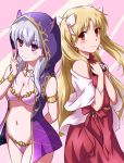  2girls bangs bare_shoulders bikini blonde_hair blush breasts chocolate_heaven_(fate/grand_order) cloak earrings ereshkigal_(fate/grand_order) fate/grand_order fate_(series) hair_ribbon hood hood_up hooded_cloak horned_hood jewelry kama_(fate/grand_order) kouga_(hipporit) large_breasts long_hair looking_at_viewer multiple_girls navel parted_bangs pink_bikini pink_ribbon red_eyes ribbon silver_hair smile swimsuit thighhighs two_side_up valentine 