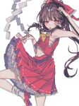  1girl amatukimahoro ascot between_fingers blush bow brown_hair commentary frilled_bow frilled_hair_tubes frilled_skirt frills gohei hair_bow hair_tubes hakurei_reimu highres holding holding_gohei long_hair looking_at_viewer mary_janes midriff_peek ofuda ofuda_between_fingers open_mouth red_bow red_eyes red_shoes red_skirt ribbon-trimmed_skirt ribbon_trim shoes skirt skirt_set socks solo touhou white_socks yellow_ascot 