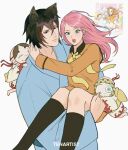  2boys 2girls alternate_costume alternate_hairstyle animal_ears arms_on_another's_shoulder artist_name black_collar black_ears black_eyes black_hair black_socks black_trim blue_kimono carrying closed_mouth collar commentary cosplay crossed_bangs english_commentary eyelashes feet_out_of_frame fingernails floating_hair fox_boy fox_ears green_eyes haruno_sakura highres japanese_clothes kamisama_hajimemashita kimono kneehighs kotetsu_(kamisama_hajimemashita) light_smile long_fingernails long_hair long_sleeves looking_at_viewer mask momozono_nanami momozono_nanami_(cosplay) multiple_boys multiple_girls neckerchief onikiri_(kamisama_hajimemashita) open_mouth orange_serafuku pink_hair princess_carry reference_inset school_uniform serafuku socks surprised swept_bangs teeth tenartistt tomoe_(kamisama_hajimemashita) tomoe_(kamisama_hajimemashita)_(cosplay) uchiha_sasuke upper_teeth_only white_background yellow_neckerchief 