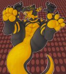  absurd_res anthro arm_markings armus_(artist) bedroom_eyes belly_folds big_tail curling_toes ear_markings facial_markings fangs feet foot_fetish foot_focus gold_(metal) gold_tooth hands_behind_head head_markings hi_res horn kobold leg_markings legs_up looking_at_viewer lying male markings narrowed_eyes neck_markings on_back open_mouth organs pawpads paws scalie seductive shoulder_markings skarrfox_(kobold) smile smiling_at_viewer spread_toes stomach tail teeth toes tongue tongue_out viewed_from_above 