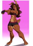  3_toes 5_fingers abs anthro athletic athletic_anthro athletic_female barefoot bottomwear bra breasts brown_body brown_fur brown_hair clothing feet female fingerless_gloves fingers fur gloves hair handwear hi_res hindpaw humanoid_hands kaycee_moreau-alvarez lagomorph leporid mammal muscular muscular_anthro muscular_female navel nina_kittie paws rabbit shorts solo sports_bra standing story story_in_description stretching tail toes underwear 