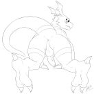 absurd_res anus backsack balls black_sclera butt digimon digimon_(species) erection genitals guilmon hi_res looking_at_viewer looking_back male monochrome nude perineum raised_tail rear_view simple_background soina soles solo tail_aside teeth vein white_background 