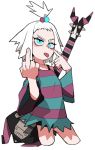  1girl bags_under_eyes bass_guitar bbizim03 blue_eyes dress freckles gym_leader hair_bobbles hair_ornament highres homika_(pokemon) instrument looking_at_viewer middle_finger pokemon pokemon_(game) pokemon_bw2 solo strapless strapless_dress striped tied_hair tongue tongue_out white_hair 
