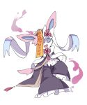  :d animal_focus ayaka_488 black_dress blue_eyes bow bright_pupils chinese_clothes commentary_request dress fang full_body hat highres jiangshi_costume looking_at_viewer no_humans ofuda ofuda_on_head open_mouth pink_fur pokemon pokemon_(creature) pokemon_focus qingdai_guanmao ribbon simple_background skin_fang sleeves_past_fingers sleeves_past_wrists smile solo standing sylveon talisman two-tone_fur white_background white_fur white_pupils will-o'-the-wisp_(mythology) 