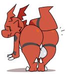  balls butt butt_focus claws digimon digimon_(species) genitals guilmon male markings presenting presenting_hindquarters reptile scalie simple_background solo squishy_(artist) thick_thighs 