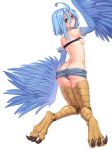  1girl absurdres ahoge ass bird_legs blonde_hair blue_hair blue_wings breasts breasts_outside denim denim_shorts eyebrows_visible_through_hair feathered_wings feathers hair_between_eyes harpy highres iwbitu-sa looking_at_viewer looking_back micro_shorts monster_girl monster_musume_no_iru_nichijou nipples open_mouth papi_(monster_musume) shiny shiny_hair short_hair short_shorts shorts shoulder_blades simple_background small_breasts strapless teeth tubetop white_background winged_arms wings yellow_eyes 