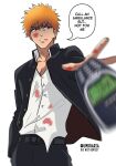  1boy belt black_pants bleach blood blood_on_clothes blood_on_face brown_eyes collared_shirt commentary delinquent english_commentary english_text gakuran grey_belt hand_in_pocket highres kurosaki_ichigo looking_at_viewer male_focus nokia_3310 orange_hair pants school_uniform shirt shirt_tucked_in short_hair simple_background solo speech_bubble spiked_hair teeth throwing twitter_username umbra_(edits_umbra) white_background white_shirt 