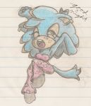  2015 anthro austinsstuff blue_body blue_fur breasts cleavage clothed clothing colored_pencil_(artwork) domestic_cat ear_piercing english_text fan_character felid feline felis female full-length_portrait fur hi_res lined_paper mammal open_mouth orange_eyes piercing portrait solo sonic_the_hedgehog_(series) text traditional_media_(artwork) yawn 