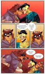 adan_ealdraco alien alien_humanoid anthro black_hair blue_pawpads blush bodily_fluids brown_body brown_fur canid canine canis canon_x_oc claws comic comic_style duo english_text facial_scar fan_character fangs fur hair hero hi_res human humanoid image_comics interspecies invincible_(image_comics) male male/male mammal mark_grayson mask muscular muscular_anthro muscular_male pawpads scar simple_background speech_bubble superhero superhero_costume sweat sweatdrop teeth text theastoundingtigerpool tongue tongue_out twunk viltrumite wearing_mask wolf