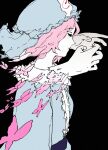  1girl asuzemu black_background blue_kimono bug butterfly closed_eyes closed_mouth expressionless from_side hashtag-only_commentary hat japanese_clothes kimono long_sleeves medium_hair mob_cap pink_hair saigyouji_yuyuko solo touhou triangular_headpiece upper_body veil 