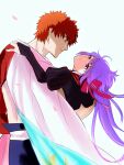  1boy 1girl bow cape commentary_request dancing emiya_shirou fate/grand_order fate_(series) hair_bow highres long_hair matou_sakura matou_sakura_(imaginary_around) mizutaki_yakko purple_hair red_hair senji_muramasa_(fate) single_bare_shoulder unworn_cape white_cape 