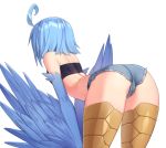  1girl ahoge ass bent_over bird_legs blonde_hair blue_hair blue_wings denim denim_shorts feathered_wings feathers from_behind groin harpy highres iwbitu-sa micro_shorts monster_girl monster_musume_no_iru_nichijou papi_(monster_musume) shiny shiny_hair shiny_skin short_hair short_shorts shorts shoulder_blades simple_background strapless tubetop white_background winged_arms wings 