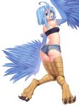  1girl absurdres ahoge ass bird_legs blonde_hair blue_hair blue_wings breasts covered_nipples denim denim_shorts eyebrows_visible_through_hair feathered_wings feathers hair_between_eyes harpy highres iwbitu-sa looking_at_viewer looking_back micro_shorts monster_girl monster_musume_no_iru_nichijou open_mouth papi_(monster_musume) shiny shiny_hair short_hair short_shorts shorts shoulder_blades simple_background small_breasts smile strapless teeth tubetop white_background winged_arms wings yellow_eyes 