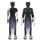  1boy absurdres animal_ear_piercing animal_ears arms_at_sides belt black_belt black_gloves black_hair black_jacket black_pants black_shirt chest_harness commentary cropped_jacket english_commentary facing_away fingerless_gloves fox_boy fox_ears fox_tail from_behind full_body gloves grey_hair grey_tail harness highres indie_virtual_youtuber jacket male_focus mechanical_arms medium_hair multicolored_hair multiple_views no_jacket pants second-party_source shirt shoes short_sleeves simple_background single_fingerless_glove single_mechanical_arm standing suimachine system_shock tail transparent_background tsuuuno2 two-tone_hair two-tone_tail undershirt virtual_youtuber white_shoes white_tail wristband 