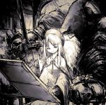  1boy 1girl age_difference armor canvas_(object) cape dark_souls facial_hair hat highres holding holding_sword holding_weapon hood hood_up indoors long_hair long_sleeves mnnnya sitting sitting_on_lap sitting_on_person sketch smile souls_(from_software) sword table weapon 