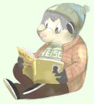  2011 anthro book bottomwear clothing didelphid dote eyewear glasses hat headgear headwear humanoid_hands mammal marsupial pants reading shirt simple_background sitting slightly_chubby solo topwear virginia_opossum 