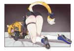  1girl all_fours animal_ear_fluff animal_ears ass blue_shoes bow breasts colored_inner_hair commentary_request fderu981 from_behind full_body high-waist_shorts highres jacket ju_fufu looking_at_viewer looking_back medium_breasts multicolored_hair on_bed shoes shorts skindentation socks solo striped_fur striped_hair tail tail_bow tail_ornament thigh_strap tiger_ears tiger_girl tiger_stripes tiger_tail white_socks yellow_jacket zenless_zone_zero 