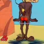2013 2019 3_toes 4_fingers anthro arm_tuft biped blue_sky bouncing_butt brown_body brown_fur bubble_butt butt butt_focus butt_jiggle butt_on_fire butthurt cactus canid canine canis canyon casual_nudity close-up close_call colored countershade_torso countershading coyote desert detailed digital_drawing_(artwork) digital_media_(artwork) digital_painting_(artwork) dynamite elbow_tuft english_text erect_tail explosives feet fingers fire forearm_tuft forearms fur humanoid_hands humanoid_heel jiggling knee_tuft leg_tuft looking_back looney_tunes male mammal mreiof multicolored_body multicolored_fur nude nudist open_mouth outside pain painting_(artwork) paws pink_text pinup plant plantigrade pose raised_heel raised_tail rear_view reddened_butt redraw sand screencap screencap_background screencap_redraw shaded shadow shoulder_tuft sky smile smoke solo sound_effects standing standing_on_toes tail tail_on_fire tan_body tan_fur text tiptoes toes tuft two_tone_body two_tone_fur warner_brothers wile_e._coyote