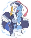  1girl :d ayaka_488 blue_dress blue_eyes blue_hair bubble chinese_clothes commentary_request dress full_body furry furry_female hair_ornament hat highres jiangshi_costume long_hair looking_at_viewer mermaid monster_girl multi-tied_hair ofuda ofuda_on_head open_mouth pearl_hair_ornament pink_nose pokemon pokemon_(creature) primarina qingdai_guanmao red_ribbon ribbon sea_lion simple_background smile snout solo starfish_hair_ornament talisman white_background 