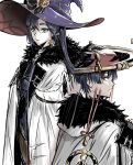  1boy 1girl aiguillette alternate_costume artist_name asymmetrical_bangs black_hair black_hat black_ribbon blunt_ends brown_pantyhose closed_mouth coat crescent crescent_hat_ornament crossed_arms earrings eyelashes eyeliner eyeshadow fatui_coat from_behind fur-trimmed_coat fur_collar fur_trim genshin_impact gold gold_earrings gold_trim green_eyes hair_between_eyes hair_ribbon hashtag-only_commentary hat hat_ornament highleg highleg_leotard highres jewelry jingasa kacchan_09 lapels leotard long_hair looking_at_viewer looking_back makeup mona_(genshin_impact) open_clothes open_coat open_mouth pantyhose parted_bangs purple_eyes purple_hat purple_leotard red_eyeliner red_eyeshadow red_hat red_lips ribbon scaramouche_(genshin_impact) sidelocks star_(symbol) star_earrings star_hat_ornament star_print tsurime twintails two-sided_fabric two-sided_headwear two-tone_hat white_background white_coat white_mouth witch_hat 