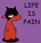 anthro black_hair comic_sans demon dpronin english_text hair half-closed_eyes horn imp low_res male mouthless narrowed_eyes not_furry nude nude_anthro nude_male pith purple_background red_body red_skin simple_background solo standing text