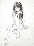  1girl bangs barefoot blush brushing_teeth commentary_request feet full_body greyscale highres hiro_(dismaless) holding knee_up legs long_hair looking_at_viewer monochrome original shirt short_shorts short_sleeves shorts signature sitting solo toothbrush very_long_hair 