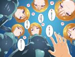  1boy 6+girls blue_eyes clone commentary_request covered_navel elpeo_puru gundam gundam_zz half-closed_eyes heart hetero imminent_penetration mecha_pilot_suit minazuki_noumu multiple_girls naughty_face neo_zeon normal_suit_(gundam) orange_hair partial_commentary pov puru_two science_fiction sidelocks smile speech_bubble spoken_heart translation_request 