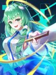  1girl bare_shoulders blue_skirt bluerhozu blush breasts collared_shirt commentary_request detached_sleeves dot_nose frog_hair_ornament gohei green_eyes green_hair hair_intakes hair_ornament hair_tubes highres holding holding_gohei kochiya_sanae large_breasts long_hair long_sleeves midriff_peek open_mouth shirt signature single_hair_tube single_sidelock skirt skirt_set sleeveless sleeveless_shirt snake_hair_ornament solo star_(symbol) teeth touhou upper_body upper_teeth_only wide_sleeves wing_collar 