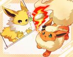  :3 animal_focus animal_hands black_hat border breath_weapon breathing_fire bright_pupils commentary_request fire flareon flower fluffy full_body green_eyes hair_flower hair_ornament hat hyrell jolteon korean_commentary looking_at_another mini_hat mini_top_hat neck_fur no_humans open_mouth orange_fur pink_flower pokemon pokemon_(creature) pokemon_focus purple_eyes simple_background standing top_hat white_background white_fur white_pupils yellow_border yellow_fur 