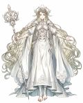  1girl armor barefoot blonde_hair braid closed_mouth dress holding holding_staff long_hair original pauldrons senano-yu simple_background solo staff standing very_long_hair white_background white_dress yellow_eyes 