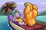3_toes anatid anseriform anthro avian baggy_(artist) bird bow_(feature) clothing daisy_duck disney donald_duck duck eyes_closed feet female hi_res macro male shirt soles toes topwear yellow_clothing yellow_shirt yellow_topwear