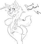  2016 anthro astrofenn band-aid bandage big_breasts big_butt breasts bruised butt canid canine canis cute_fangs dialogue embarrassed english_text female looking_back mammal monochrome moon_moon nipples nude scar side_boob solo text thick_thighs unseen_character wolf 