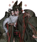  2boys aged_down ahoge animal_ears barefoot black_eyes black_hair black_hanfu black_sash blush blush_stickers boots carrying carrying_person chenqing_flute child child_carry chinese_clothes closed_eyes coat dizi dragon_boy dragon_horns dragon_tail eastern_dragon_horns eastern_dragon_tail flower flute flute_tassel fox_boy fox_ears fox_tail grey_coat grin hair_between_eyes hair_down hair_ribbon half_updo hand_up hanfu headband highres horns implied_yaoi instrument kemonomimi_mode kitsune kneeling kyuubi lan_wangji long_hair long_sleeves looking_at_viewer male_focus modao_zushi mouth_hold multiple_boys multiple_tails official_alternate_costume official_alternate_hairstyle one_eye_closed open_clothes open_coat outstretched_arm red_ribbon red_sash ribbon robe sash simple_background smile stalk_in_mouth tail tassel topknot transverse_flute very_long_hair wei_wuxian wei_wuxian_(yiling_laozu) white_background white_boots white_hanfu white_headband wide_sleeves yellow_eyes yeolfan2_2 