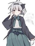  1girl alternate_costume black_haori blue_eyes blush bow bowtie closed_mouth commentary expressionless green_bow green_bowtie green_hakama green_vest hairband hakama hand_in_own_hair haori highres japanese_clothes konpaku_youmu konpaku_youmu_(ghost) looking_at_viewer maruten_moko medium_hair open_clothes open_vest parted_lips shirt sitting smile solo symbol-only_commentary touhou vest white_background white_hair white_shirt 