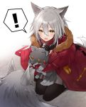  ! 1girl :d animal_ears arknights black_legwear blush coat commentary_request fang grey_hair hood hood_down kneeling kyomu_(kyomu_lwl) light_brown_eyes open_mouth pantyhose projekt_red_(arknights) red_coat smile spoken_exclamation_mark stuffed_wolf wolf wolf_ears 