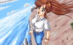  1990s_(style) 1995 1girl belt bracelet breasts brown_eyes brown_hair cliff cloud crying crying_with_eyes_open denim hoshi_no_suna_monogatari_3 jeans jewelry non-web_source ocean open_mouth pants pc-98_(style) pixel_art ponytail retro_artstyle shima_(d.o.) shirt sky tears teeth 