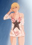  1girl alice_garnet_nakata blonde_hair breasts cleavage closed_mouth green_eyes looking_at_viewer navel popo_agaga rain short_hair solo star swimsuit the_king_of_fighters the_king_of_fighters_xiv wet 