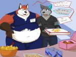  anthro belly bottomwear canid canine clothing duo english_text food humanoid_hands iavan male mammal navel obese overweight overweight_male pants shirt text topwear 