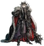  1boy armor black_cape cape fur-trimmed_cape fur_trim gauntlets greaves grey_hair hair_between_eyes high_heels holding holding_mask holding_weapon long_hair mace male_focus mask multicolored multicolored_cape multicolored_clothes original parted_lips red_cape red_eyes senano-yu simple_background smile solo standing vambraces weapon white_background 