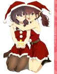  2girls :d absurdres bare_arms belt black_hair black_pantyhose black_socks blue_eyes blush brown_eyes brown_hair cake christmas closed_mouth dress food furutachi_kurea hair_between_eyes hair_ornament hair_scrunchie hat hibi_wa_sugiredo_meshi_umashi highres holding holding_cake holding_food hug kawai_mako long_hair looking_at_viewer magazine_scan megami_magazine multiple_girls official_art open_mouth pantyhose santa_costume santa_dress santa_hat scan scrunchie sidelocks simple_background smile socks strawberry_shortcake teeth twintails upper_teeth_only white_background 