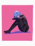  1girl ayanami_rei bad_id bad_twitter_id black_bodysuit blue_hair bodysuit border evangelion:_3.0_you_can_(not)_redo full_body highres hugging_own_legs interface_headset_(evangelion) mecha_pilot_suit neon_genesis_evangelion pink_background plugsuit_(evangelion) rebuild_of_evangelion red_eyes shadow short_hair simple_background sitting solo swirl9017 white_border 