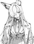  1girl absurdres animal_ear_fluff animal_ears blue_archive closed_mouth coat collared_shirt commentary_request dog_ears dog_girl dress expressionless hair_over_one_eye highres kani_ka_nanika kanna_(blue_archive) long_bangs long_hair long_sleeves necktie open_clothes open_coat plaid_clothes plaid_dress shirt simple_background solo very_long_hair white_background 