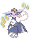  animal_focus ayaka_488 bright_pupils china_dress chinese_clothes commentary_request dress espeon eyeshadow fang forehead_jewel forked_tail full_body gem hat highres jiangshi_costume looking_at_viewer makeup no_humans ofuda ofuda_on_head open_mouth pink_eyeshadow pokemon pokemon_(creature) pokemon_focus purple_dress purple_eyes purple_fur qingdai_guanmao red_gemstone simple_background skin_fang solo standing tail talisman white_background white_pupils 