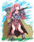  1girl 250en_remon armor armored_boots artist_name axe boots breasts broken_wall cleavage cloud cloudy_sky collarbone day fire_emblem fire_emblem:_three_houses full_body gloves grass hilda_valentine_goneril long_hair medium_breasts open_mouth outdoors over_shoulder pink_eyes pink_hair sky solo spiked_boots spiked_gloves standing torn_clothes twintails vambraces waist_cape weapon weapon_over_shoulder 