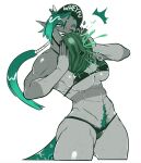  1girl abs aqua_eyes aqua_hair aqua_pubic_hair bikini body_freckles breasts colored_pubic_hair colored_skin commentary cowboy_shot crushing crushing_food dragon_girl dragon_horns dragon_tail english_commentary fang food freckles fruit grey_skin holding holding_food holding_fruit holding_watermelon horns large_breasts mallie_(lone_magi) muscular muscular_female navel_hair one_eye_closed original pointy_ears ponytail pubic_hair redrabbu simple_background solo swimsuit tail tan tanlines thick_thighs thighs underboob watermelon white_background 