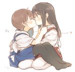  2girls akagi_(kantai_collection) black_hair blush blush_stickers brown_hair closed_eyes heart imminent_kiss ina_(1813576) kaga_(kantai_collection) kantai_collection long_hair multiple_girls on_lap profile side_ponytail sitting sketch sweat sweatdrop yuri 